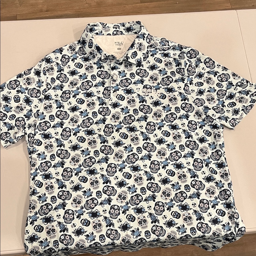 Men's White and Blue Skull Floral Polo Shirt